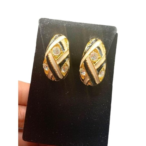 Fabulous Clip On Earrings Enamel and Rhinestones Dome Semi Hoop Chunky Gold Tone - Picture 1 of 5